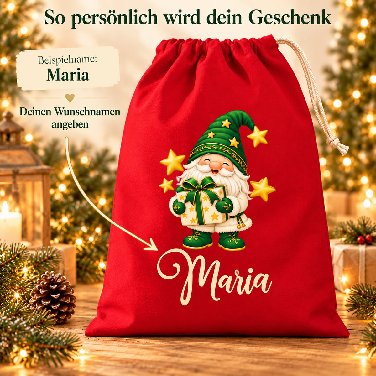 Roter Nikolaussack mit Wichtelmotiv und Pfeil zur personalisierbaren Namenszeile.