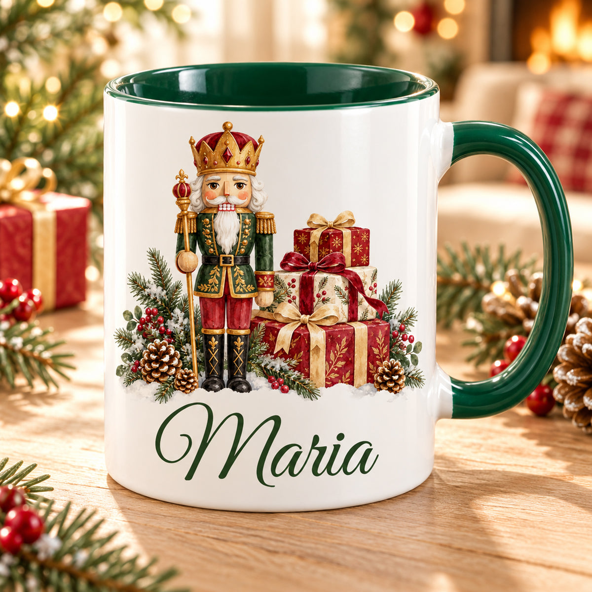 Weiße Keramiktasse mit grünem Henkel und grüner Innenseite, Motiv König mit Geschenken und Wunschname vor weihnachtlicher Dekoration.