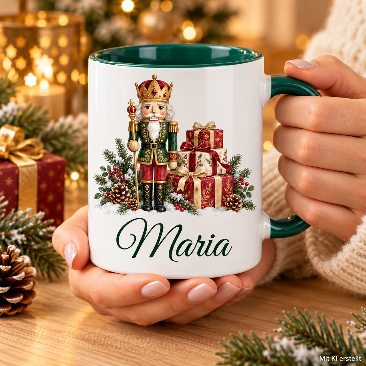 Weiße Keramiktasse mit grünem Henkel und grüner Innenseite, Motiv König mit Geschenken und Wunschname in Händen in einer winterlichen Alltagsszene; Bild mit KI erstellt.