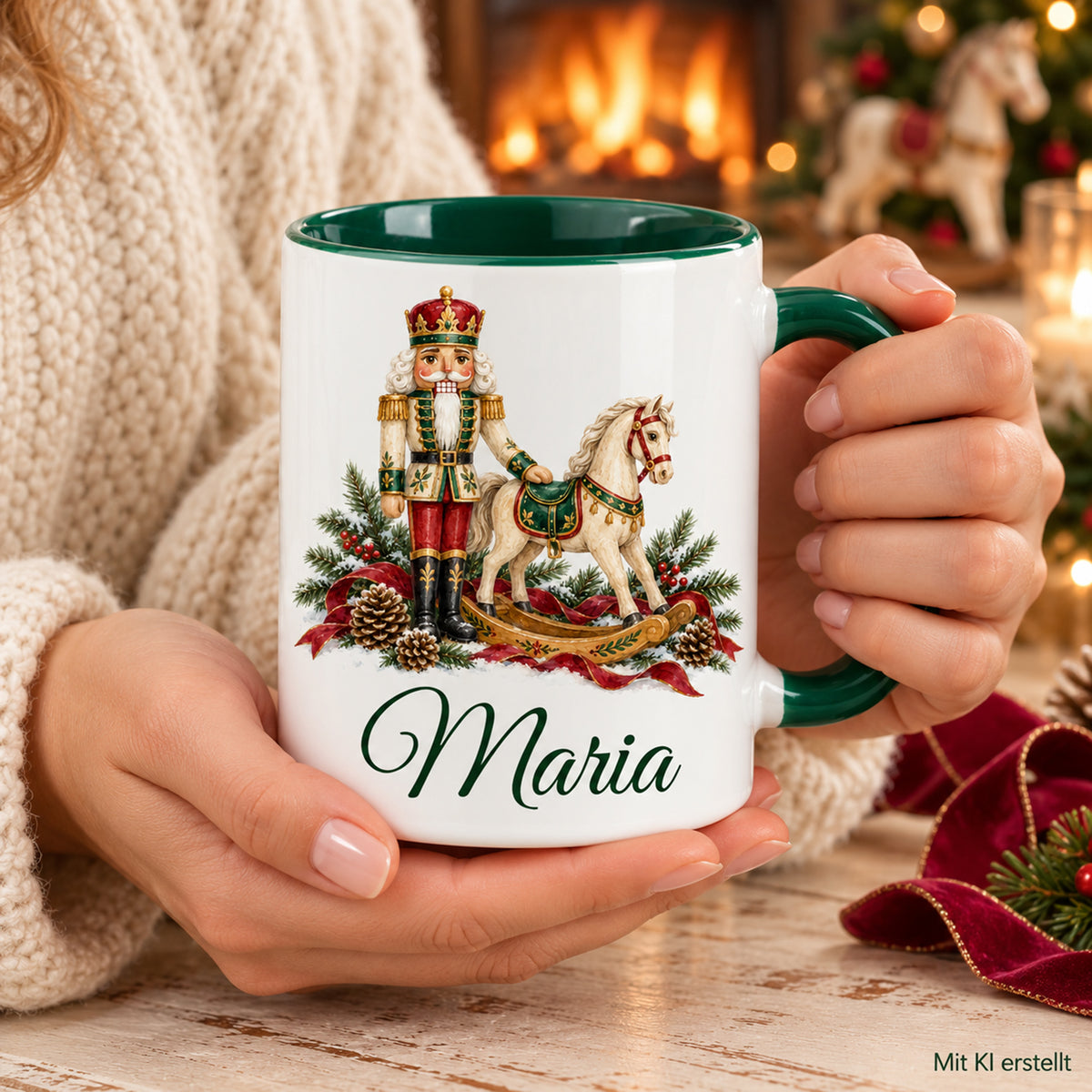 Weiße Keramiktasse mit grünem Henkel und grüner Innenseite, Motiv Nussknacker mit Schaukelpferd und Wunschname in Händen in einer winterlichen Alltagsszene; Bild mit KI erstellt.
