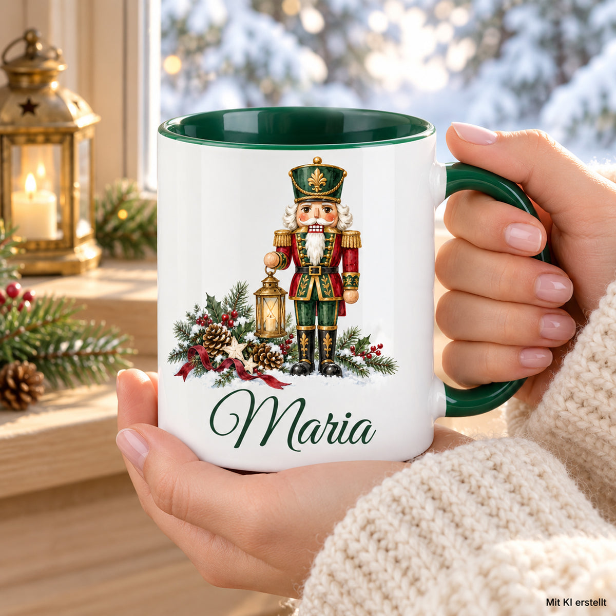 Weiße Keramiktasse mit grünem Henkel und grüner Innenseite, Motiv Nussknacker mit Winterlaterne und Wunschname in Händen in einer winterlichen Alltagsszene; Bild mit KI erstellt.