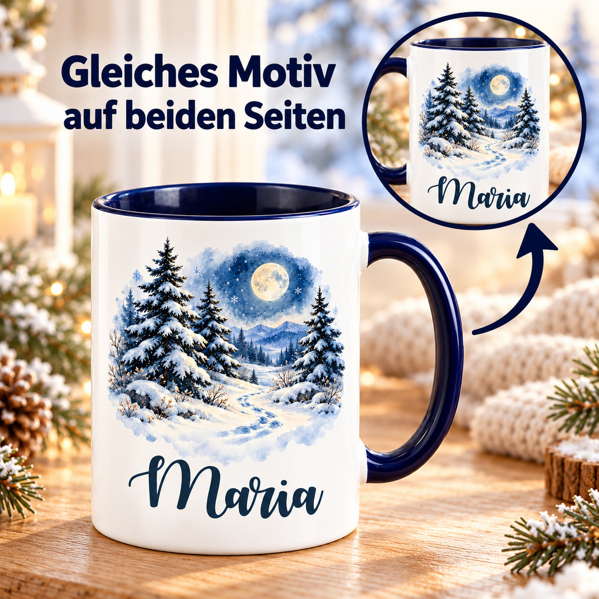 Weiße Keramiktasse mit dunkelblauem Henkel, Mondscheinwald und Wunschname mit Detailansicht des gleichen Drucks auf beiden Seiten