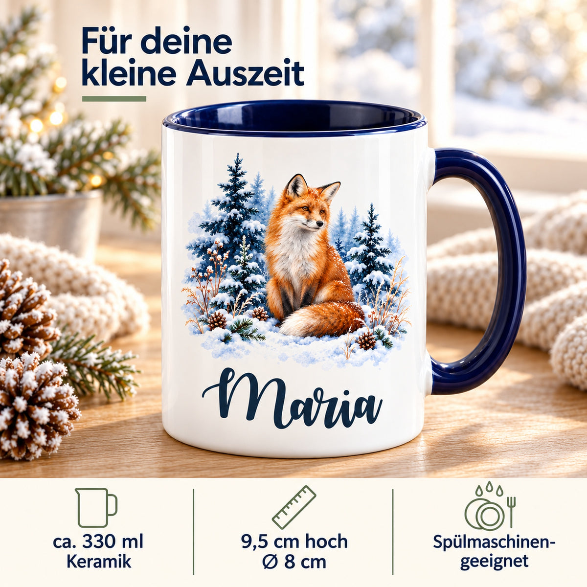 Weiße Keramiktasse mit dunkelblauem Henkel, Winterfuchs und Wunschname mit Angaben zu Volumen, Größe und Pflege