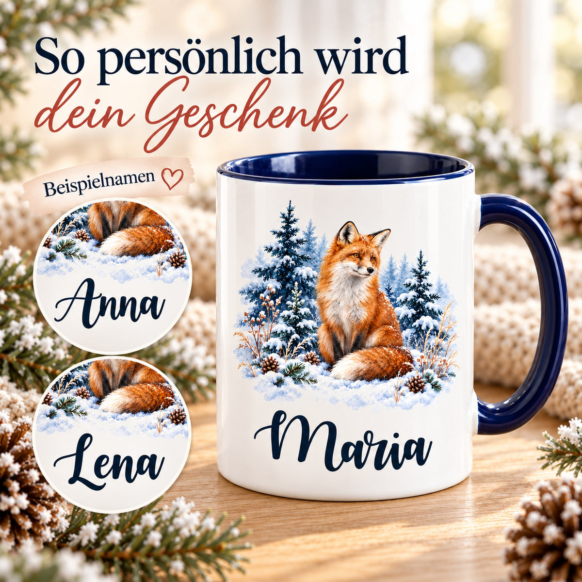 Weiße Keramiktasse mit dunkelblauem Henkel, Winterfuchs und Wunschname mit verschiedenen Beispielnamen zur Personalisierung