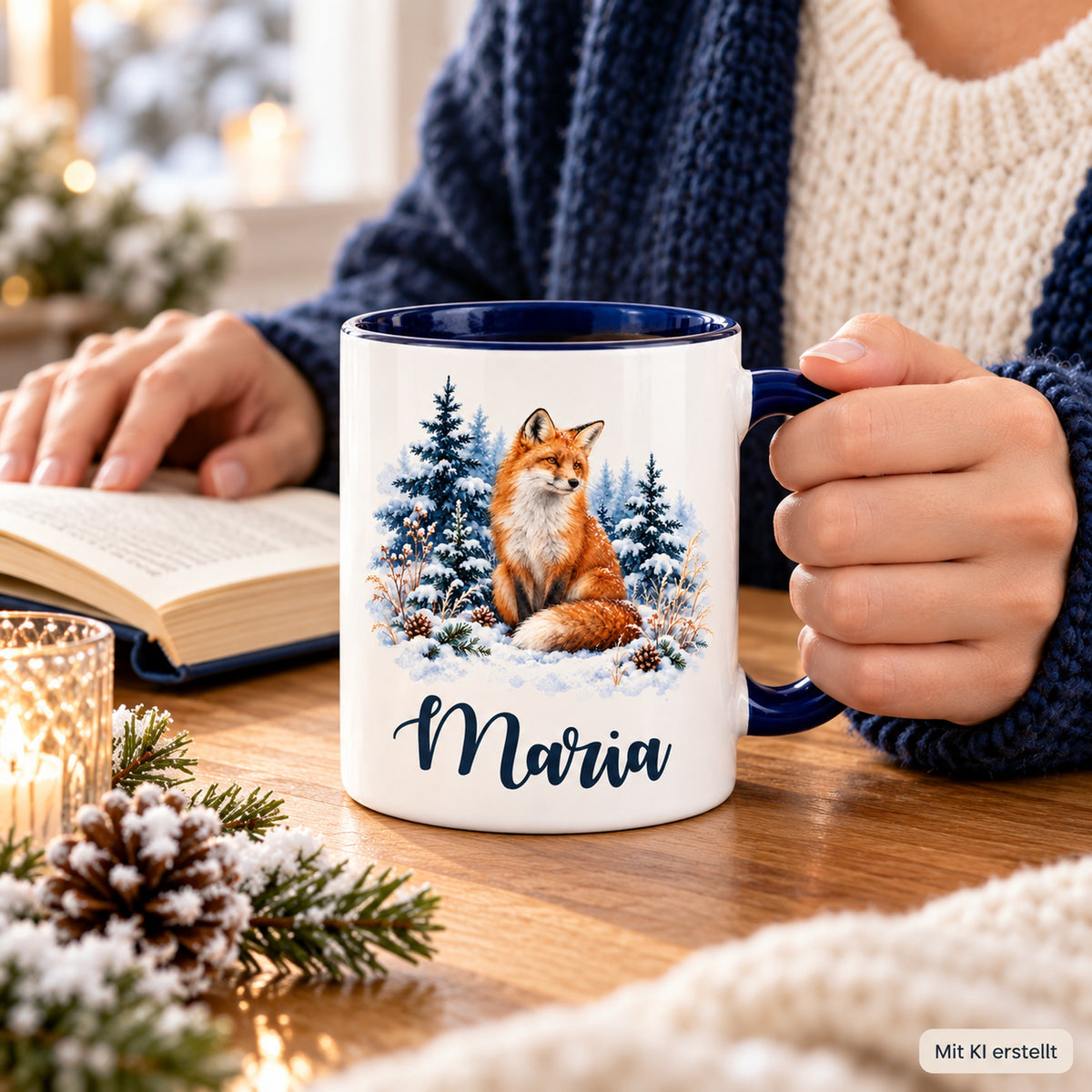 Weiße Keramiktasse mit dunkelblauem Henkel, Winterfuchs und Wunschname in der Hand einer Person