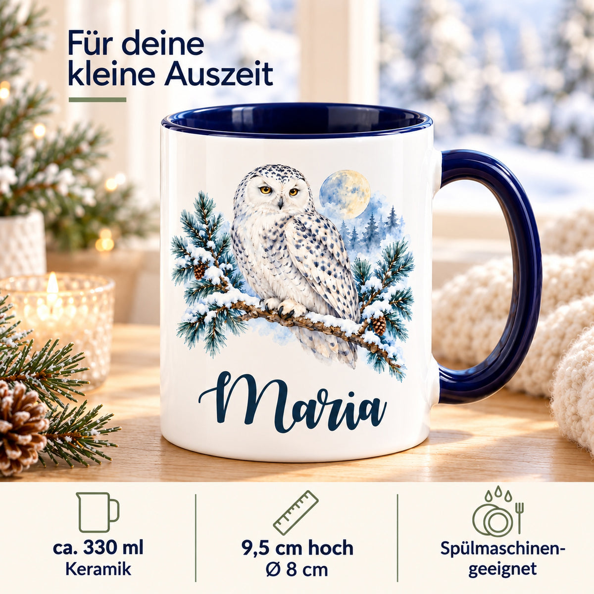 Weiße Keramiktasse mit dunkelblauem Henkel, Schneeeule und Wunschname mit Angaben zu Volumen, Größe und Pflege