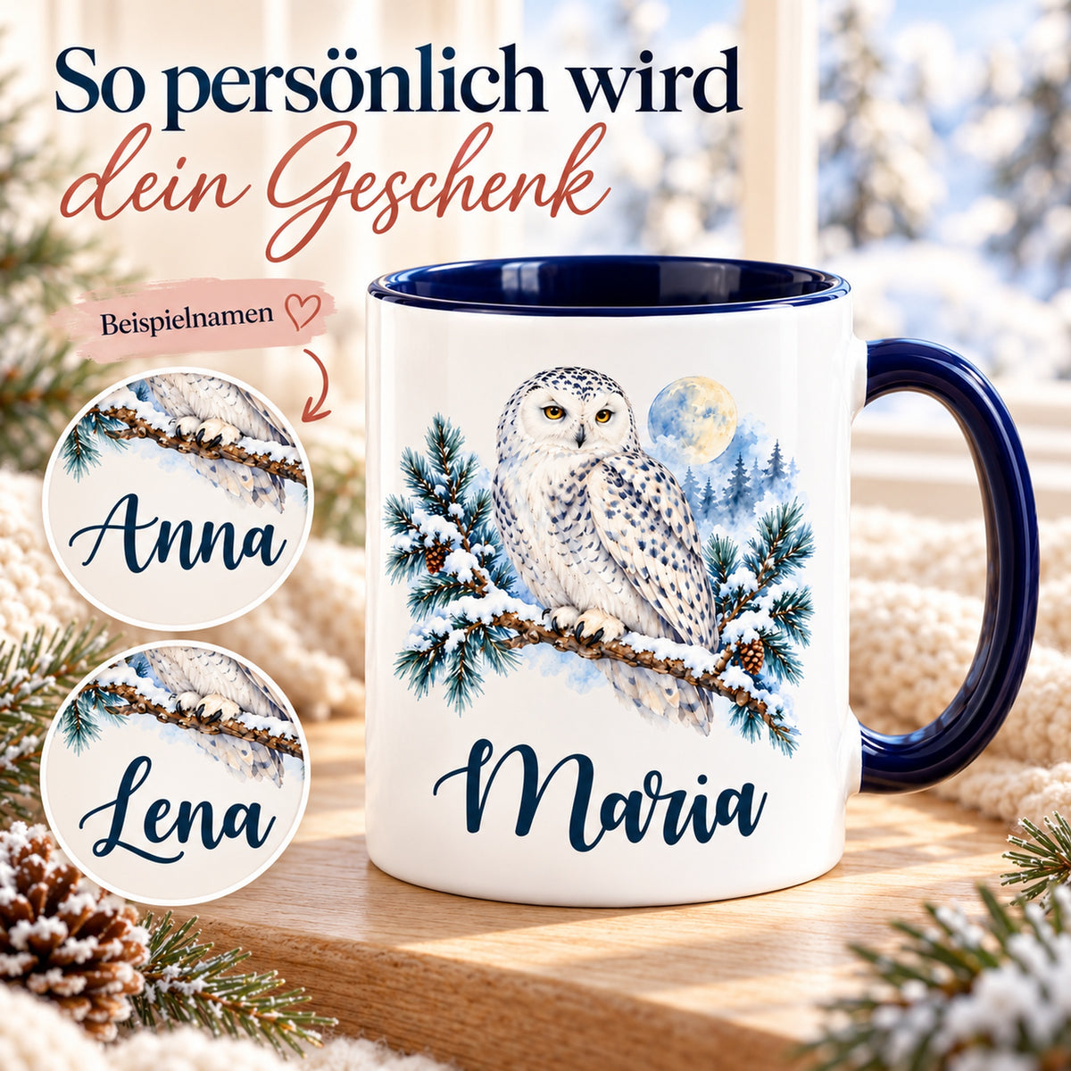 Weiße Keramiktasse mit dunkelblauem Henkel, Schneeeule und Wunschname mit verschiedenen Beispielnamen zur Personalisierung