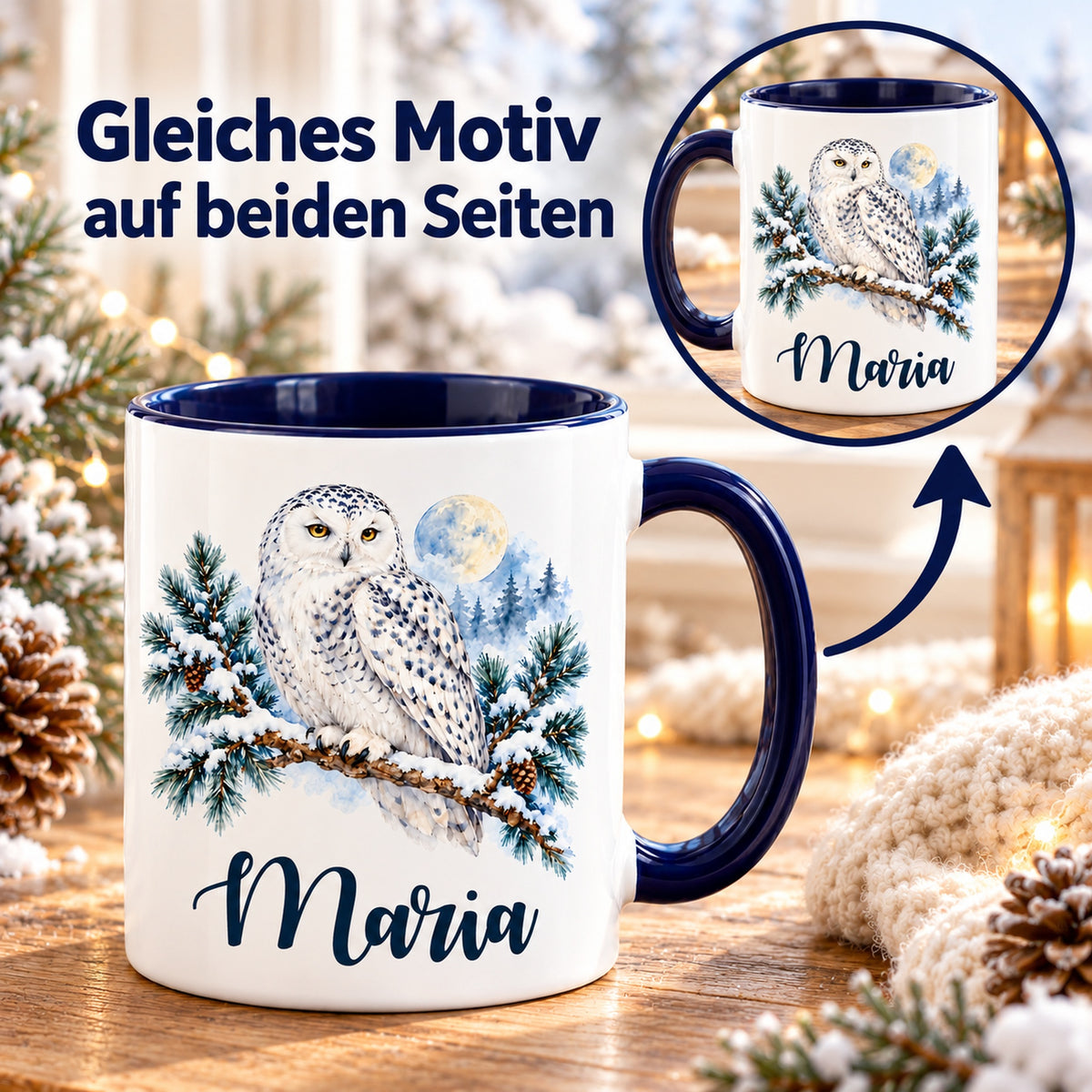 Weiße Keramiktasse mit dunkelblauem Henkel, Schneeeule und Wunschname mit Detailansicht des gleichen Drucks auf beiden Seiten