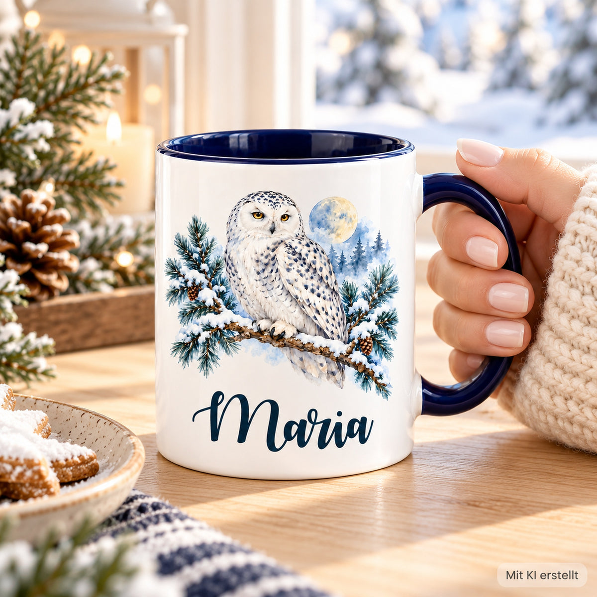 Weiße Keramiktasse mit dunkelblauem Henkel, Schneeeule und Wunschname in der Hand einer Person