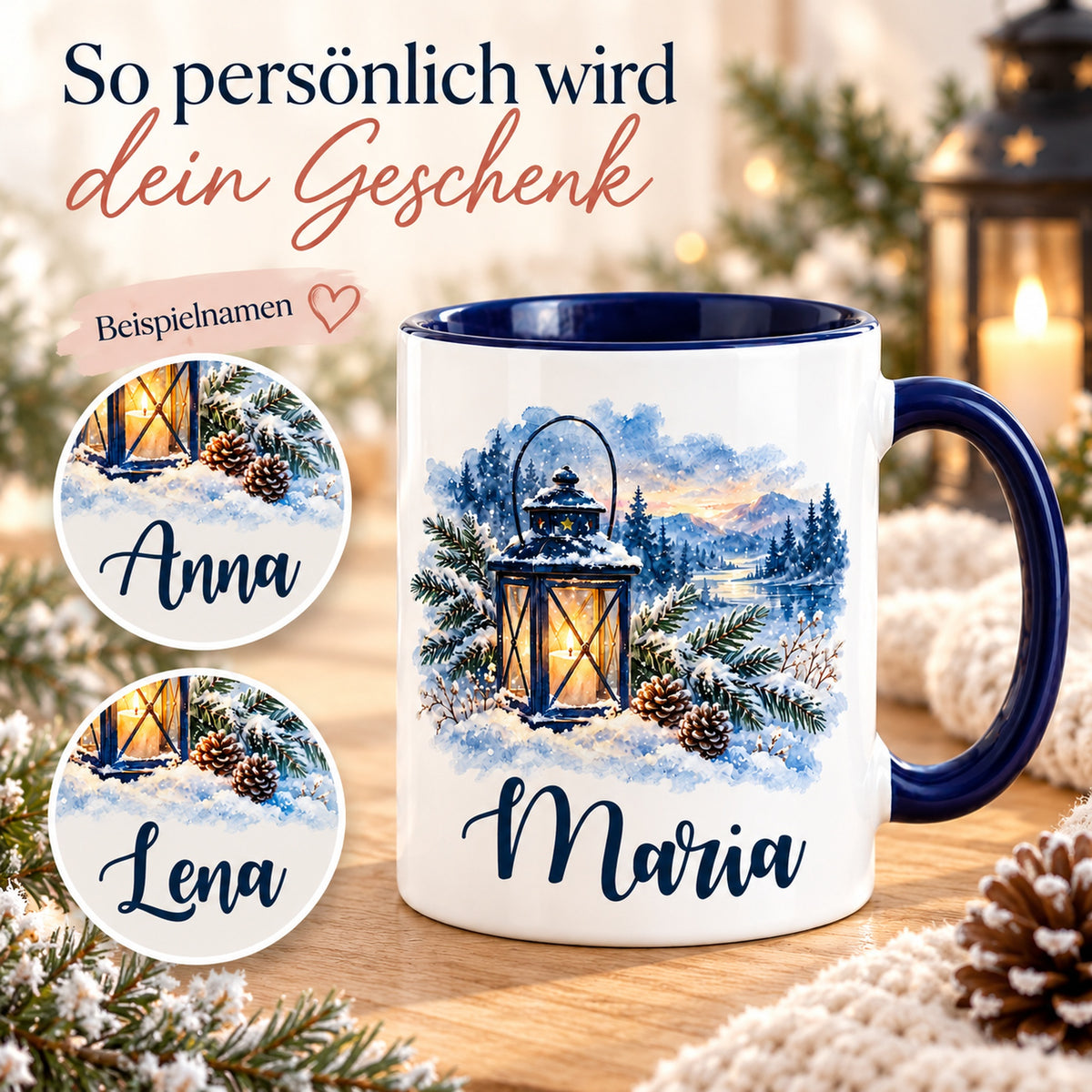 Weiße Keramiktasse mit dunkelblauem Henkel, Winterlaterne und Wunschname mit verschiedenen Beispielnamen zur Personalisierung
