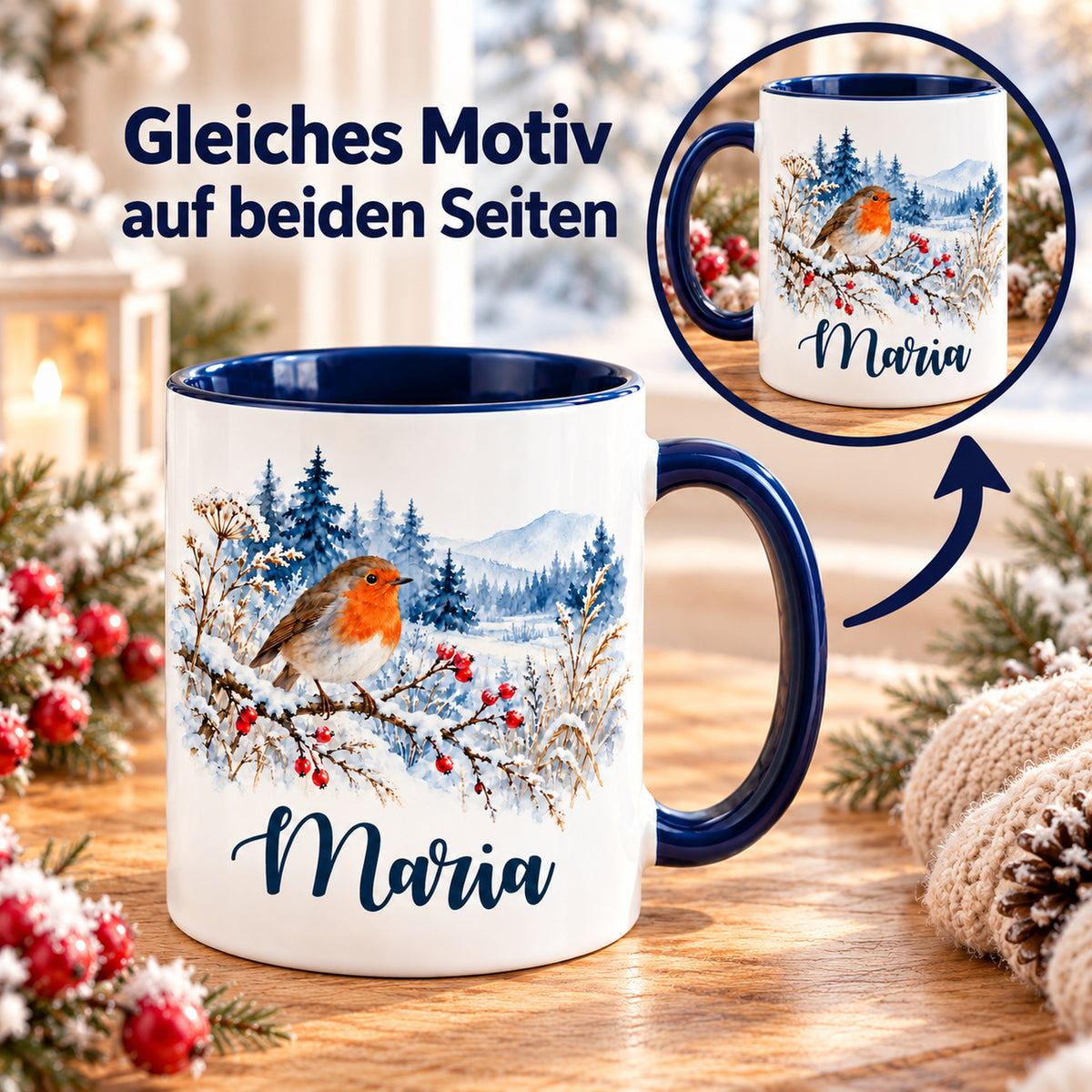 Weiße Keramiktasse mit dunkelblauem Henkel, Rotkehlchen im Schnee und Wunschname mit Detailansicht des gleichen Drucks auf beiden Seiten