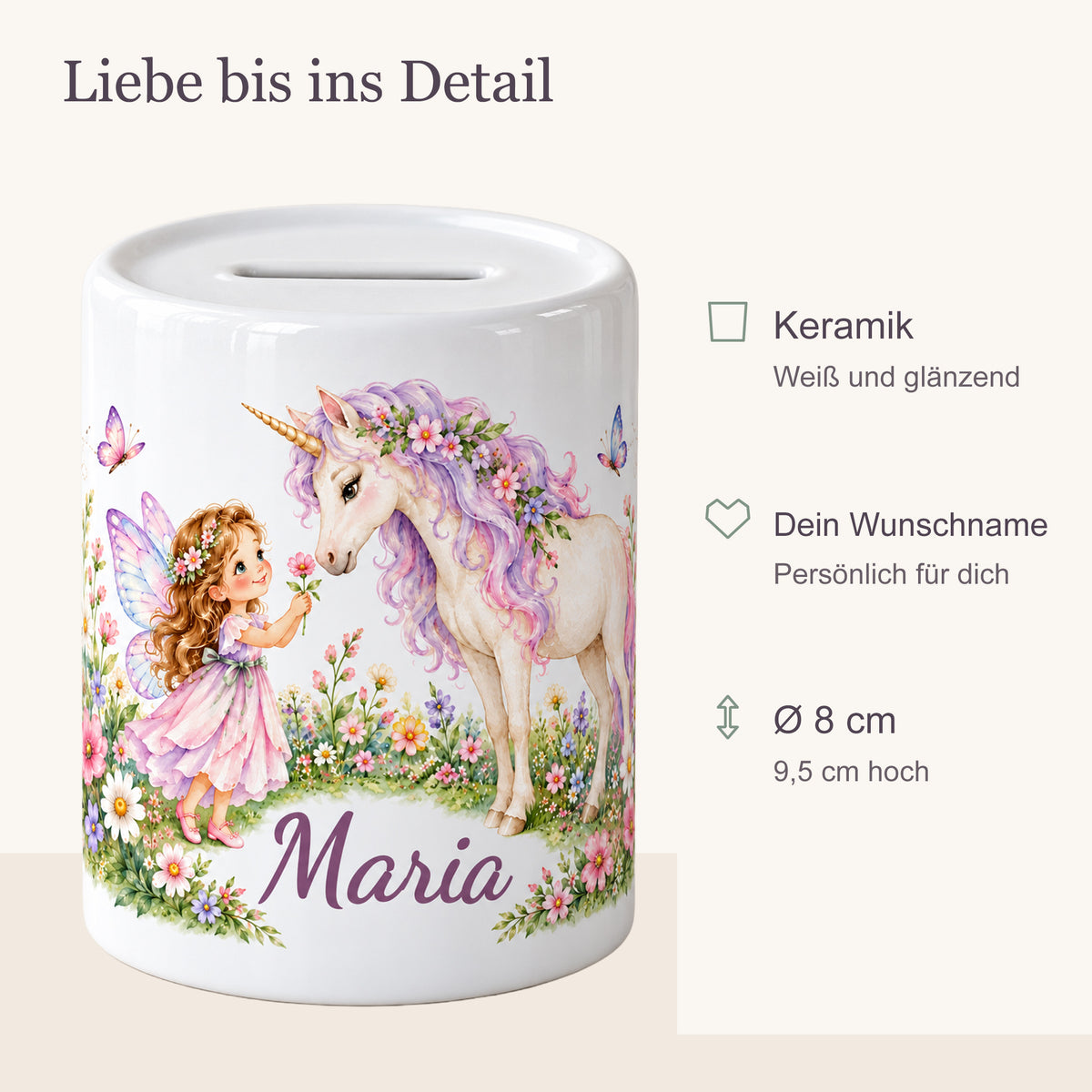 Produktübersicht der personalisierten Feen-Einhorn-Spardose: weiße glänzende Keramik, Wunschname, 8 cm Durchmesser und 9,5 cm Höhe.