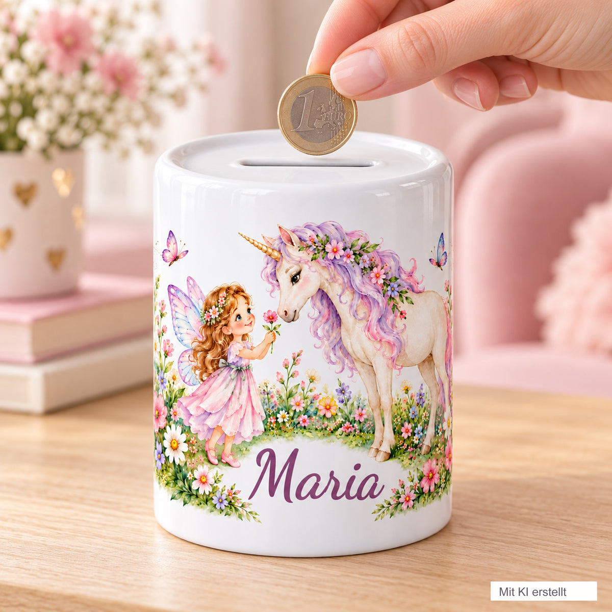 Eine Hand steckt eine Münze in die personalisierte Feen-Einhorn-Spardose auf einem rosa gestalteten Tisch. Das Bild trägt den Hinweis „Mit KI erstellt“.