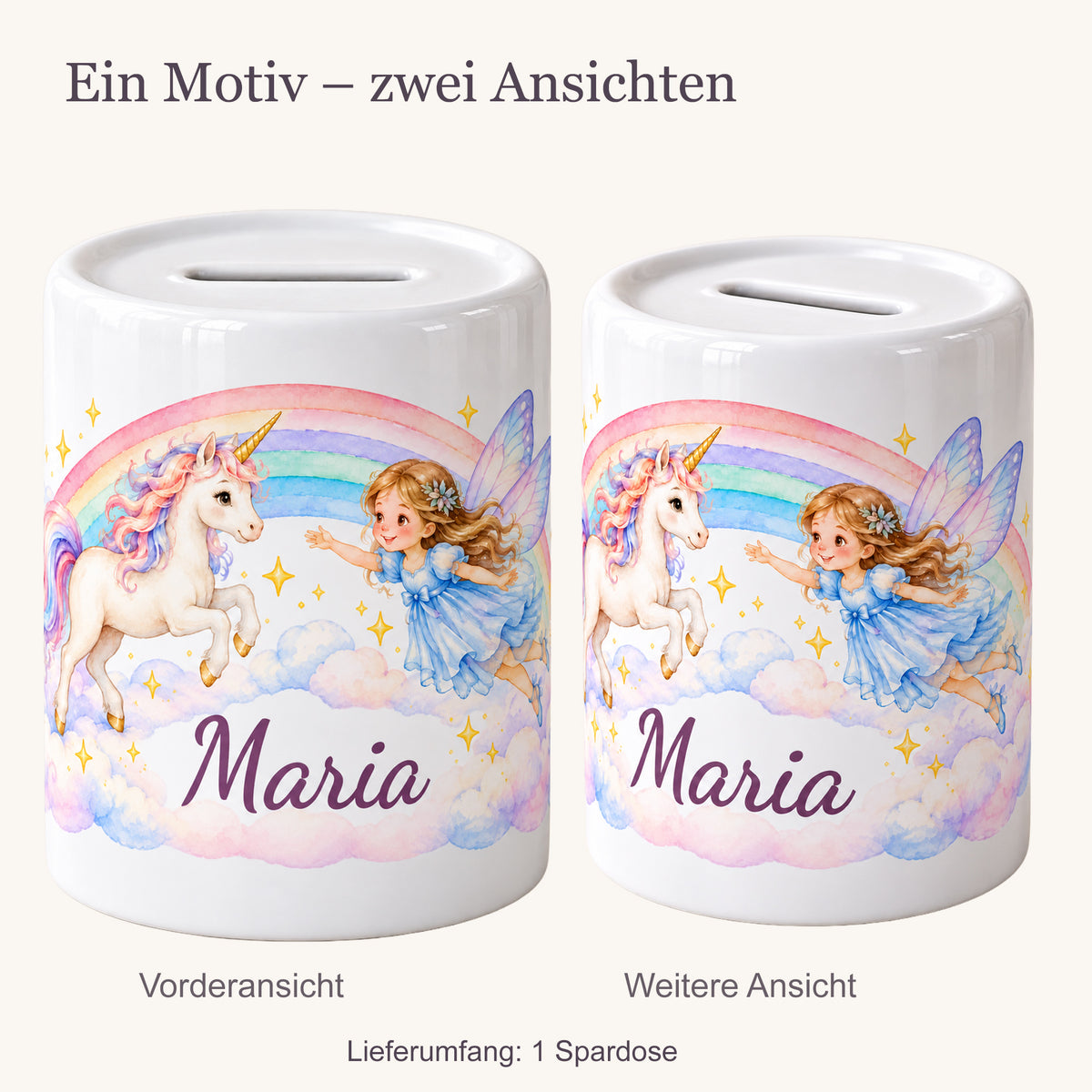 Zwei Ansichten einer personalisierten Keramikspardose mit einem springenden Einhorn, einer fliegenden Fee und Regenbogenwolken. Der Lieferumfang umfasst eine Spardose.