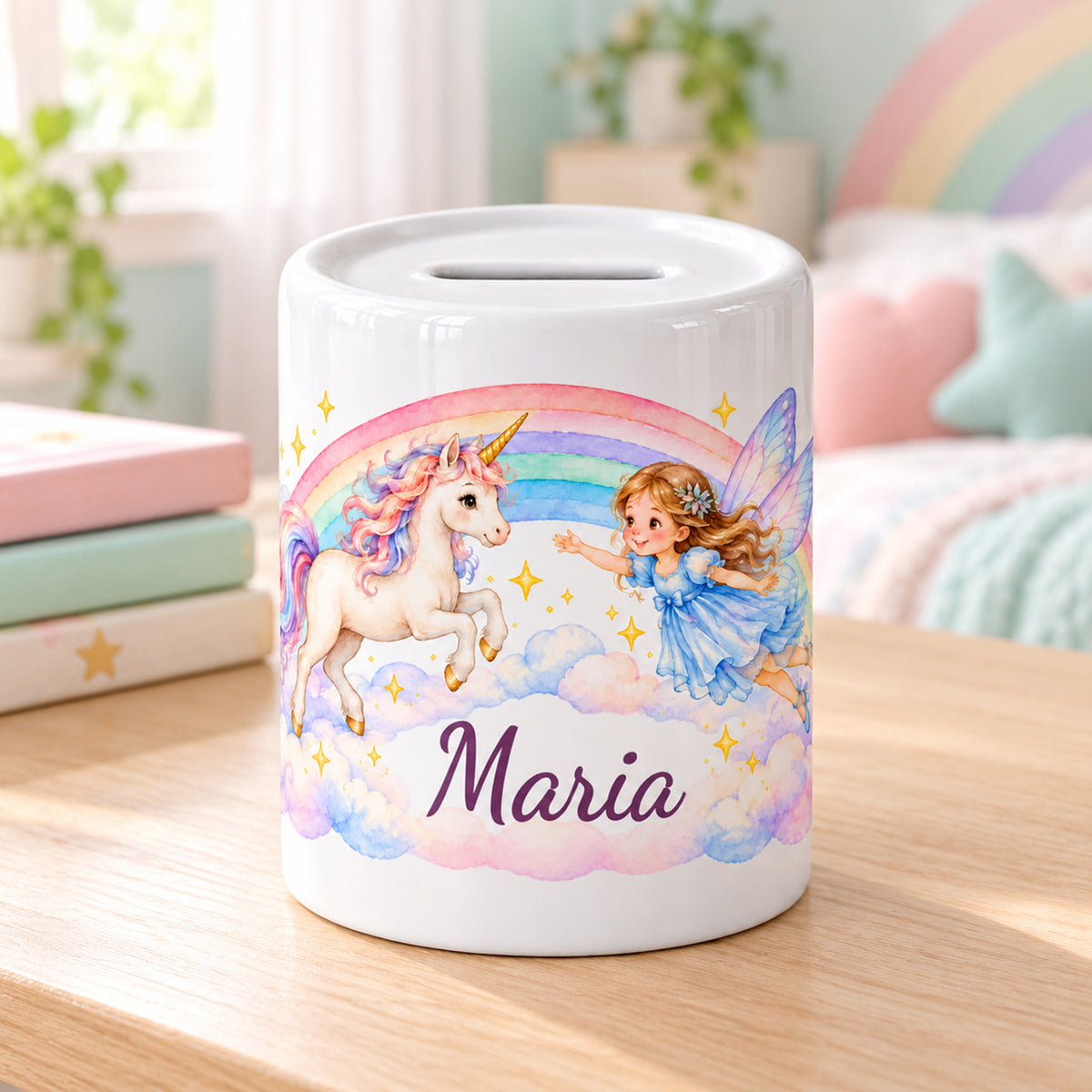 Personalisierte Spardose mit Fee, Einhorn und Regenbogen in einer hellen Kinderzimmerumgebung.