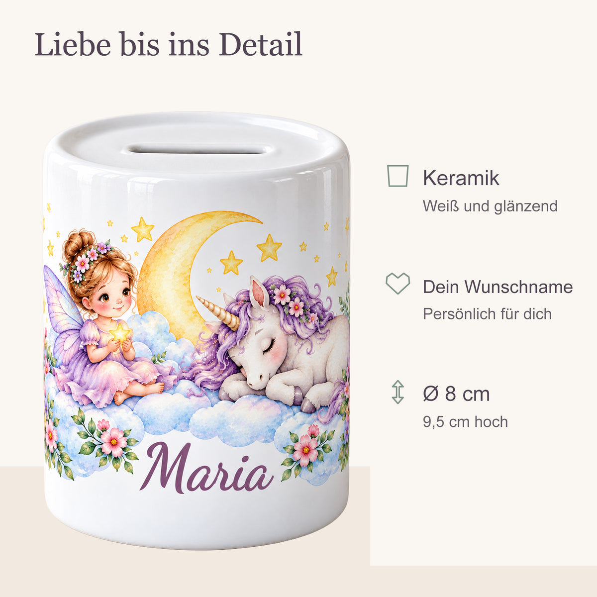 Produktübersicht der personalisierten Feen-Einhorn-Spardose: weiße glänzende Keramik, Wunschname, 8 cm Durchmesser und 9,5 cm Höhe.