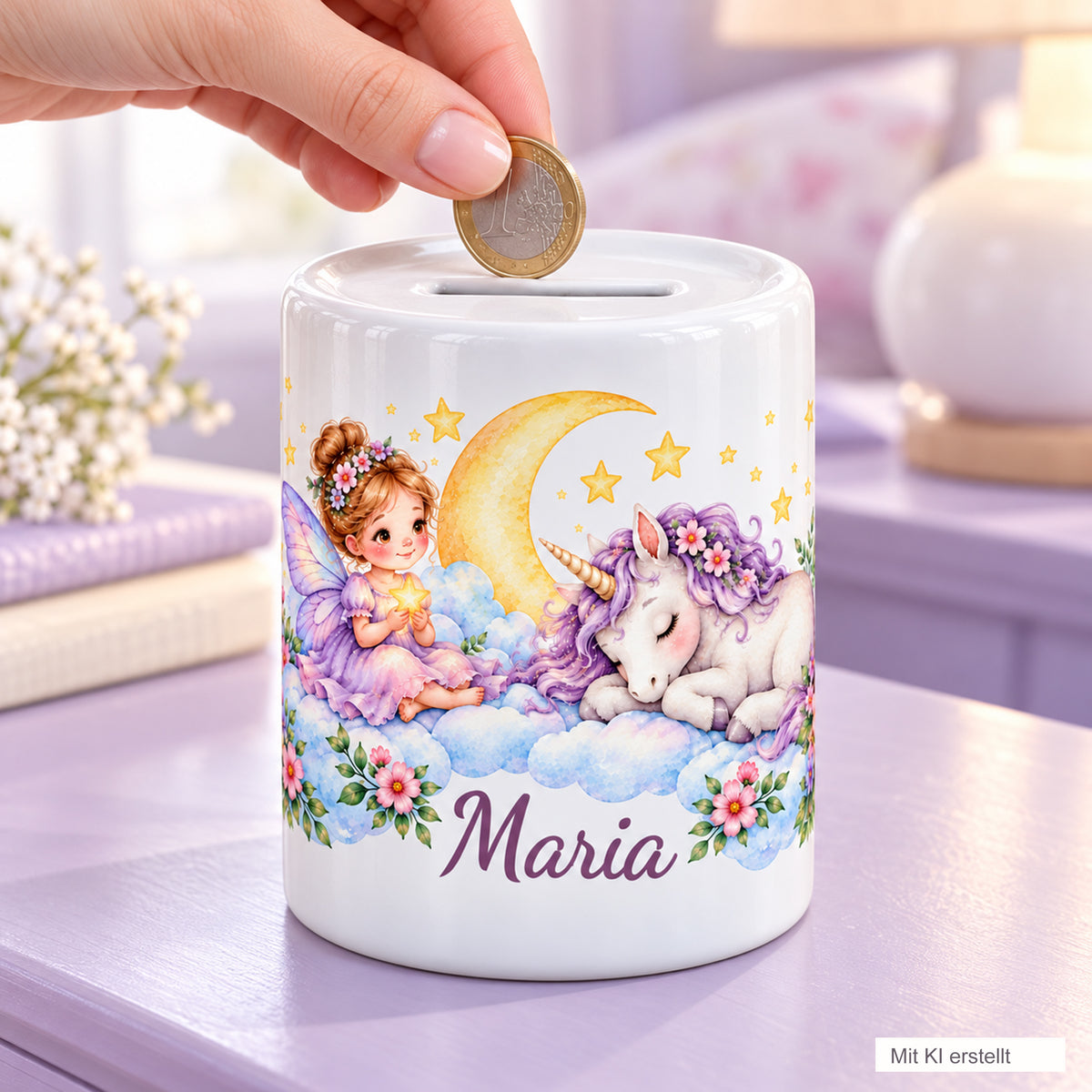 Eine Hand wirft eine Münze in die personalisierte Spardose mit schlafendem Einhorn, Fee, Mond und Sternen. Das Bild trägt den Hinweis „Mit KI erstellt“.