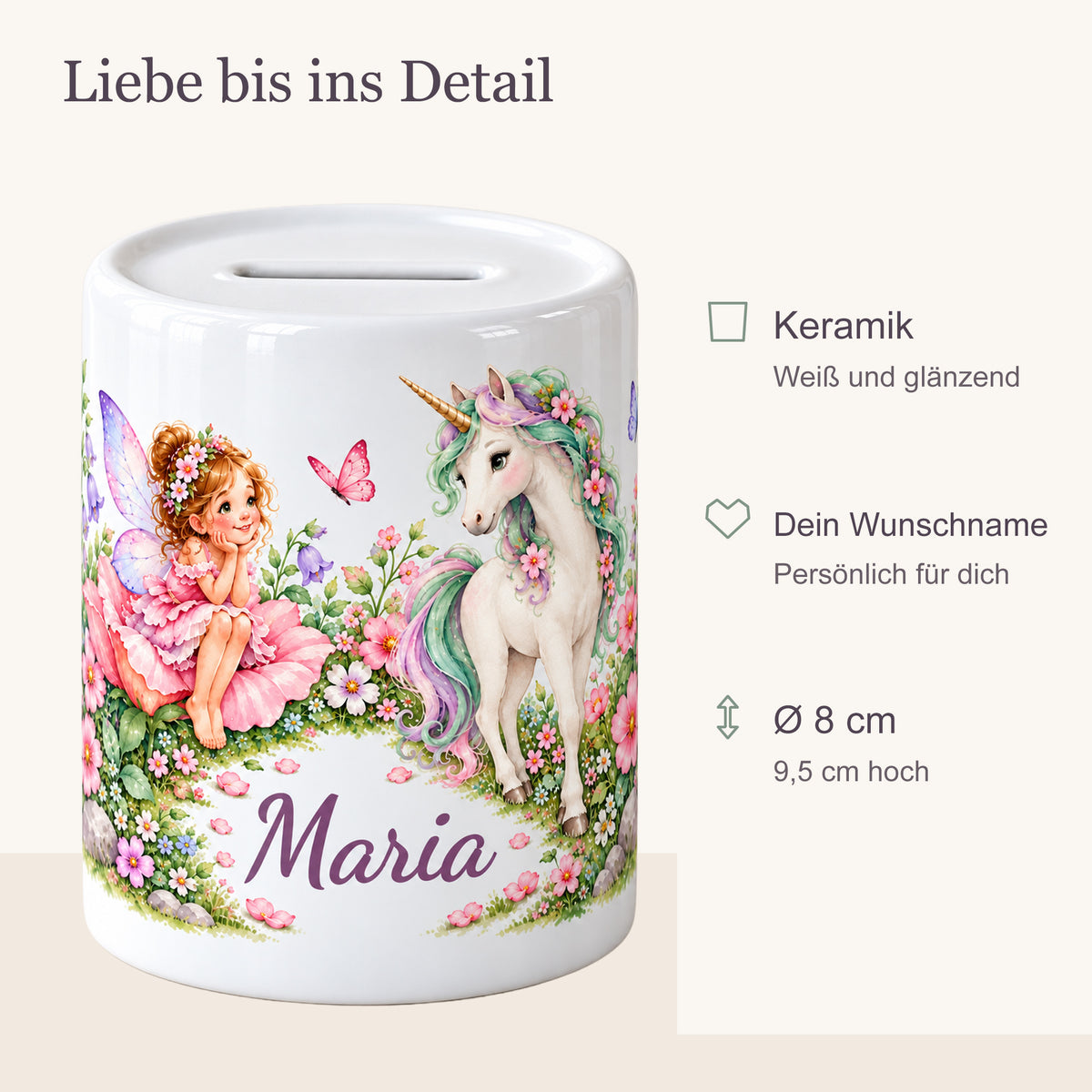 Produktübersicht der personalisierten Feen-Einhorn-Spardose: weiße glänzende Keramik, Wunschname, 8 cm Durchmesser und 9,5 cm Höhe.