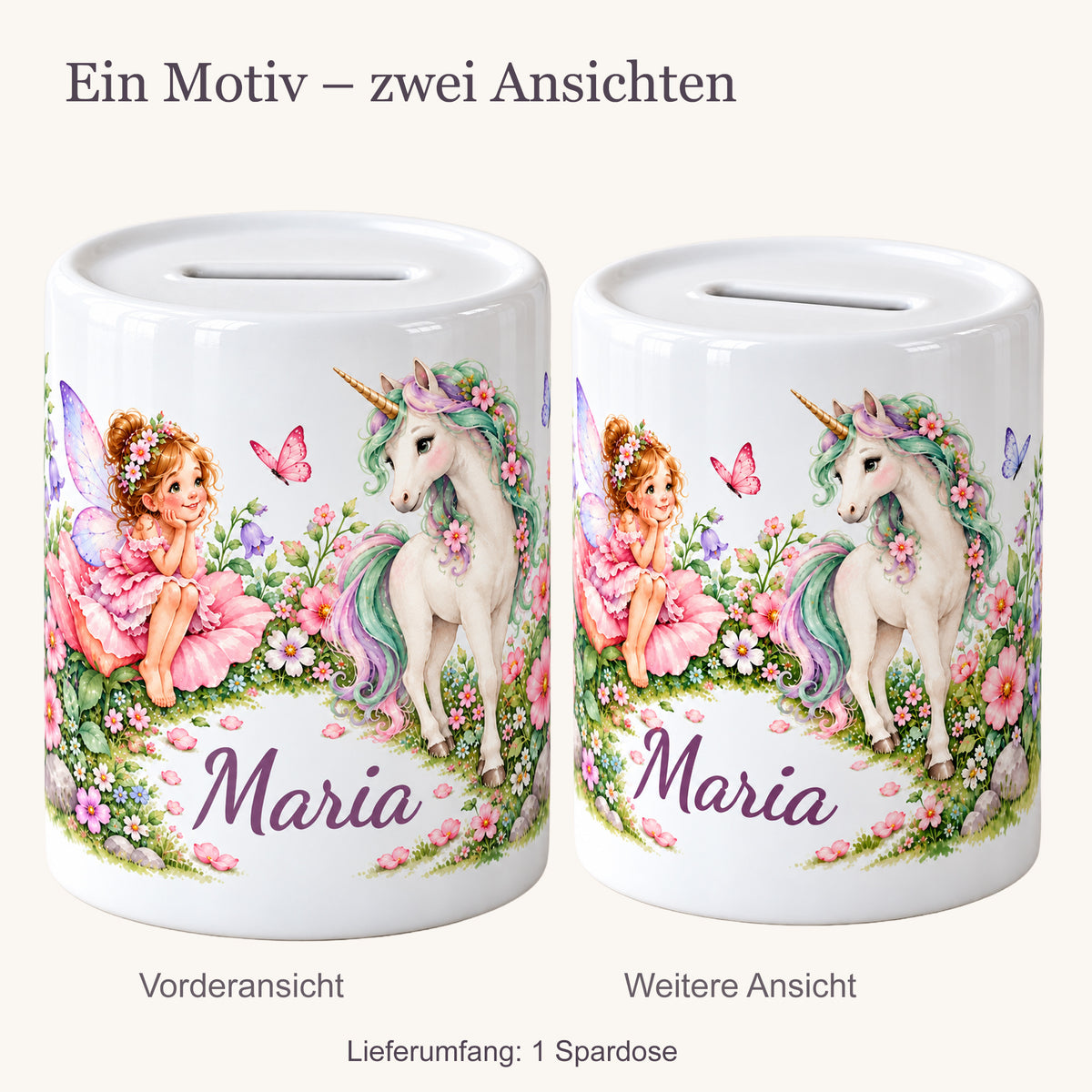 Zwei Ansichten einer personalisierten Keramikspardose mit einer Fee, einem Einhorn, Blumen und Schmetterlingen. Der Lieferumfang umfasst eine Spardose.