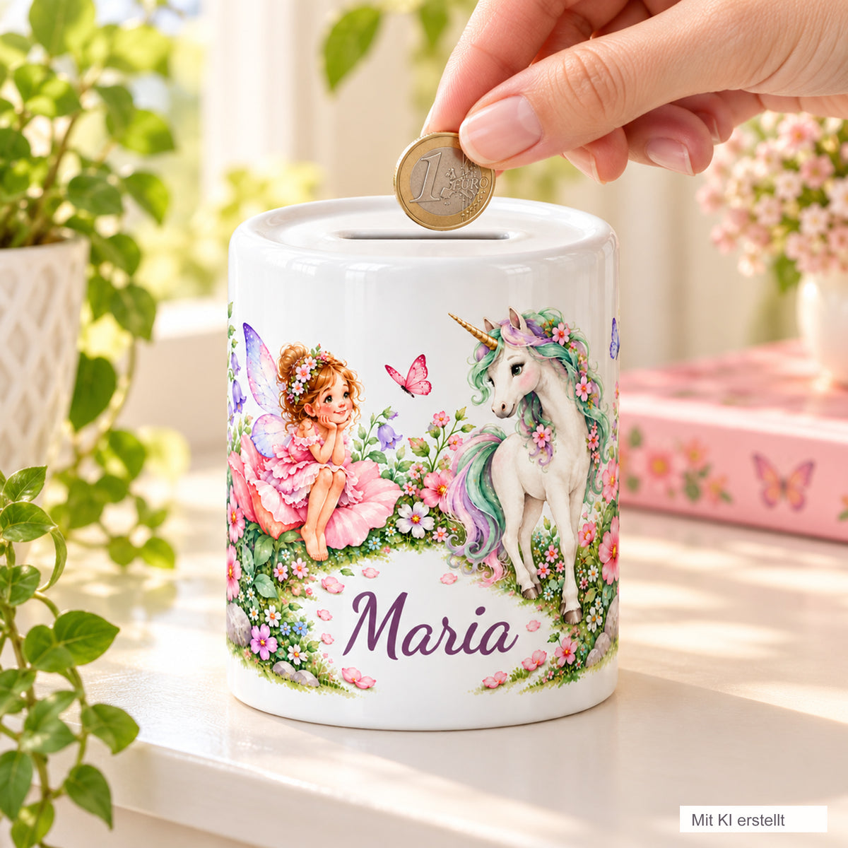 Eine Hand wirft eine Münze in die personalisierte Feen-Einhorn-Spardose vor Blumen und rosa Dekoration. Das Bild trägt den Hinweis „Mit KI erstellt“.