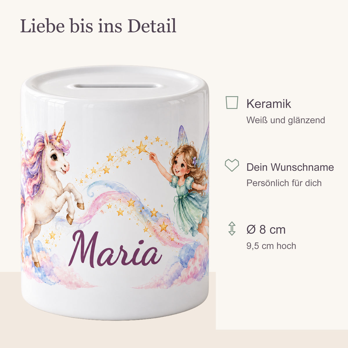 Produktübersicht der personalisierten Feen-Einhorn-Spardose: weiße glänzende Keramik, Wunschname, 8 cm Durchmesser und 9,5 cm Höhe.