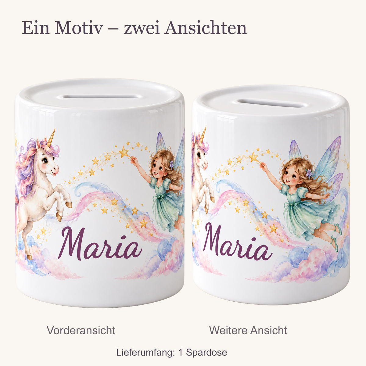 Zwei Ansichten einer personalisierten Keramikspardose mit einem steigenden Einhorn, einer fliegenden Fee und Sternenwolken. Der Lieferumfang umfasst eine Spardose.