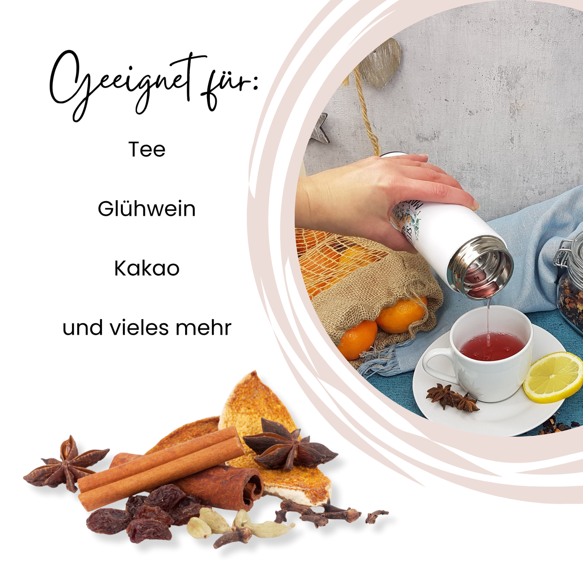 Thermoskanne, silber, für Tee, Glühwein und Kakao.