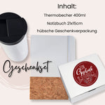 Thermobecher und Notizbuch im Geschenkeset, weiß und braun.