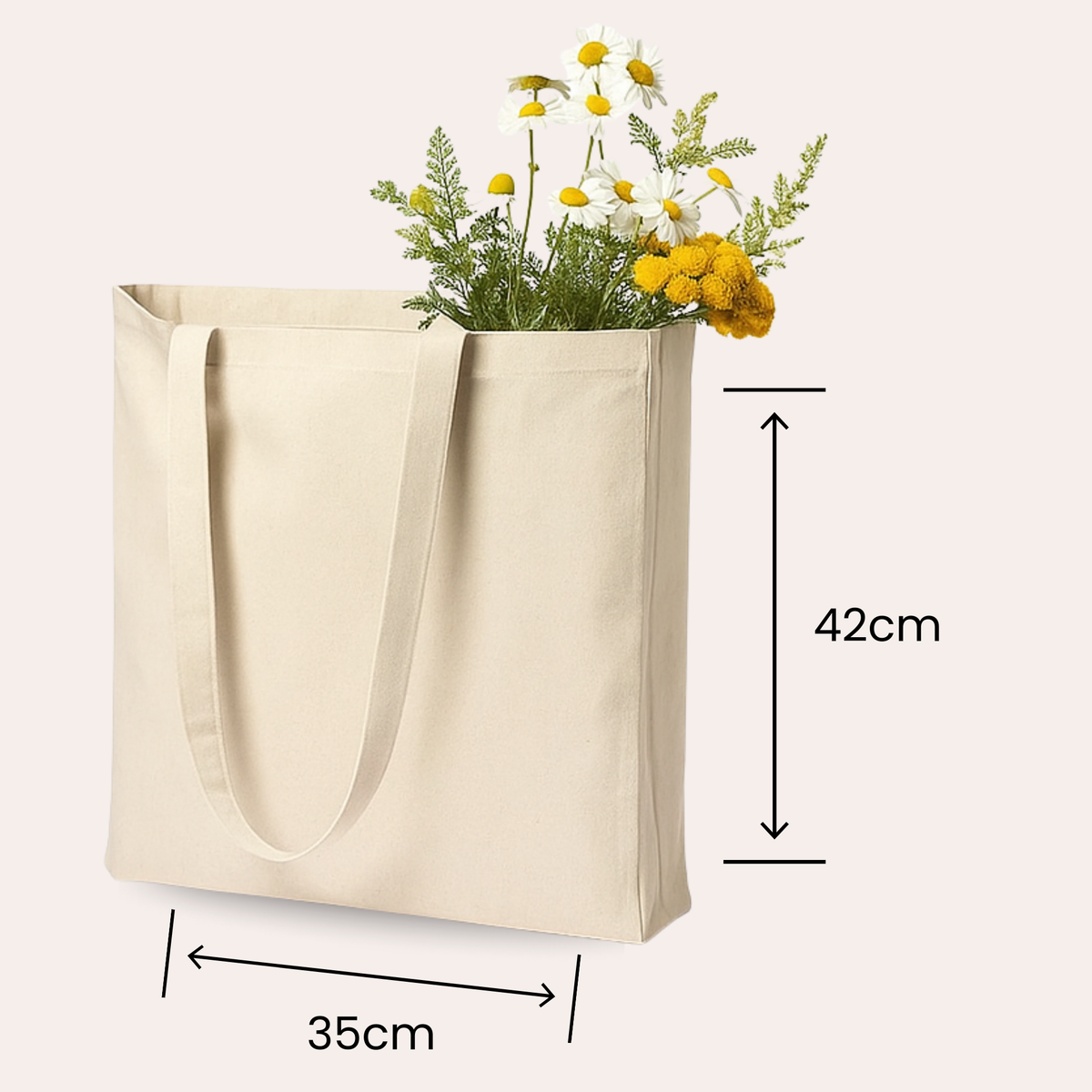 Beige Baumwolltasche mit Blumen, 35cm x 42cm.