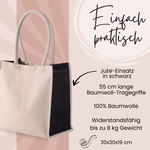 Beige Baumwolltasche mit schwarzem Jute-Einsatz, 30x30x19 cm.