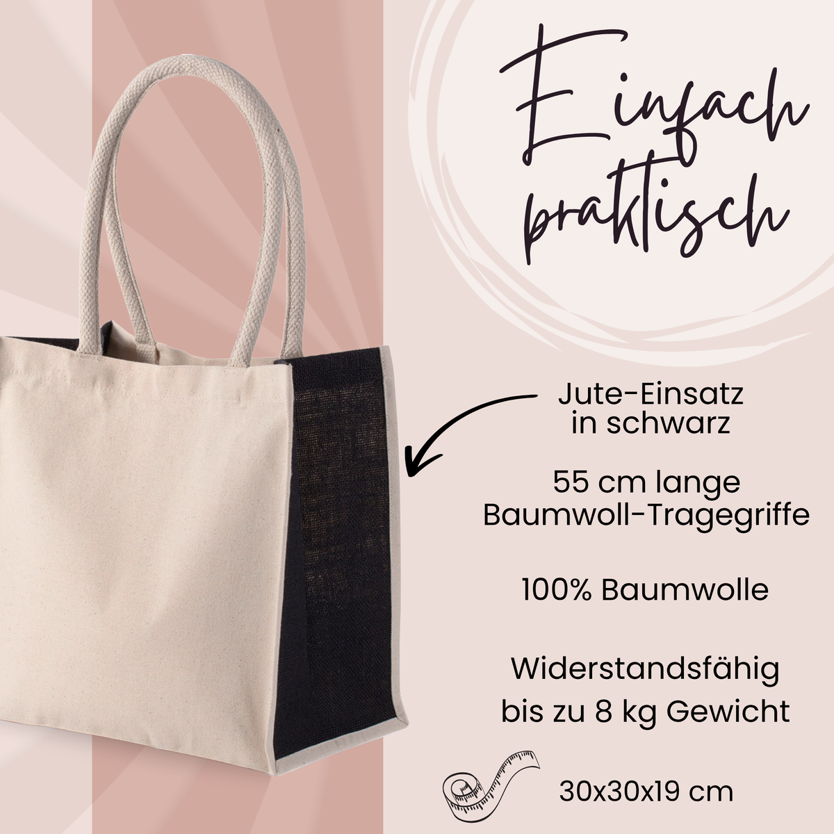 Beige Baumwolltasche mit schwarzem Jute-Einsatz, 30x30x19 cm.