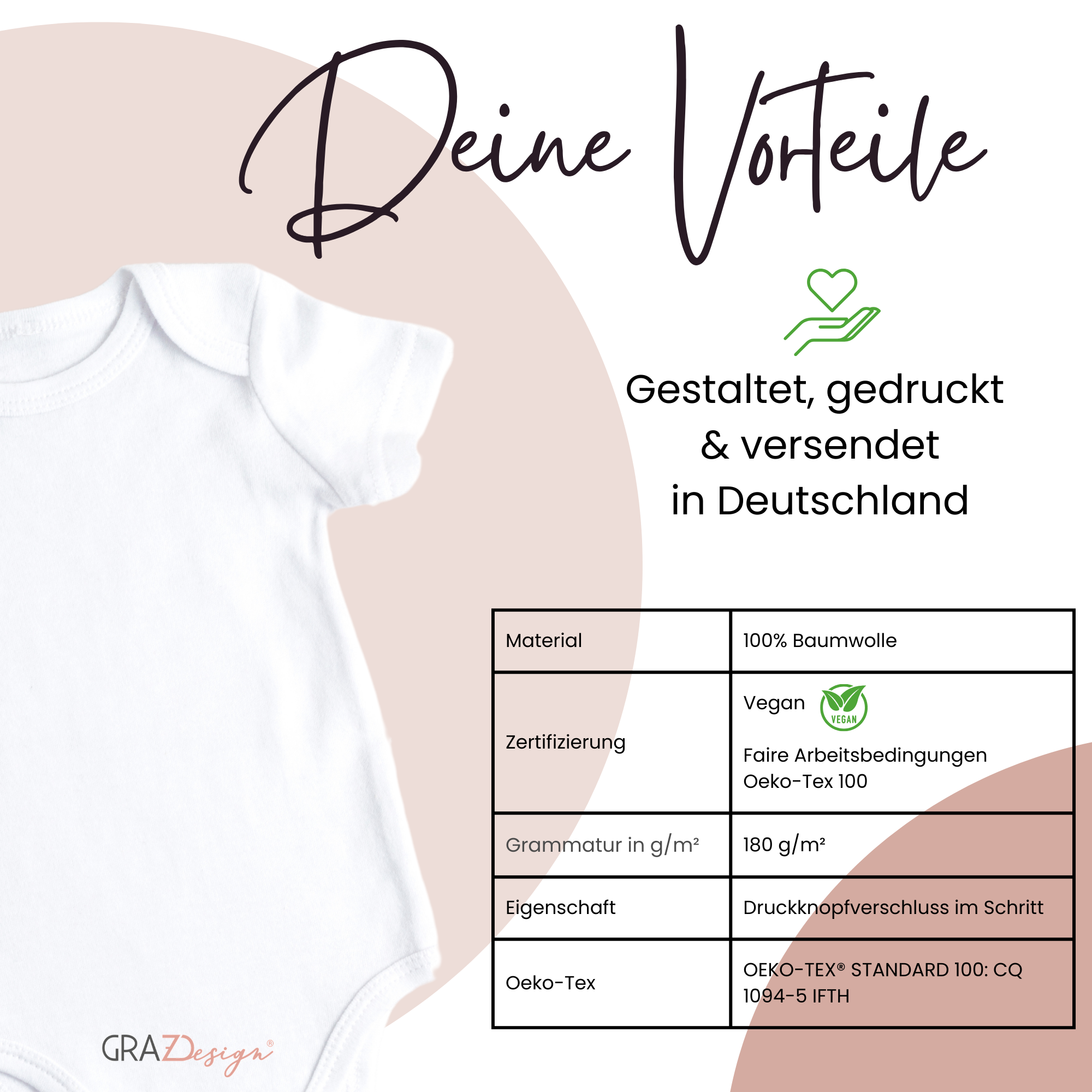 Weißes Babybody aus 100% Baumwolle, vegan, Oeko-Tex 100.
