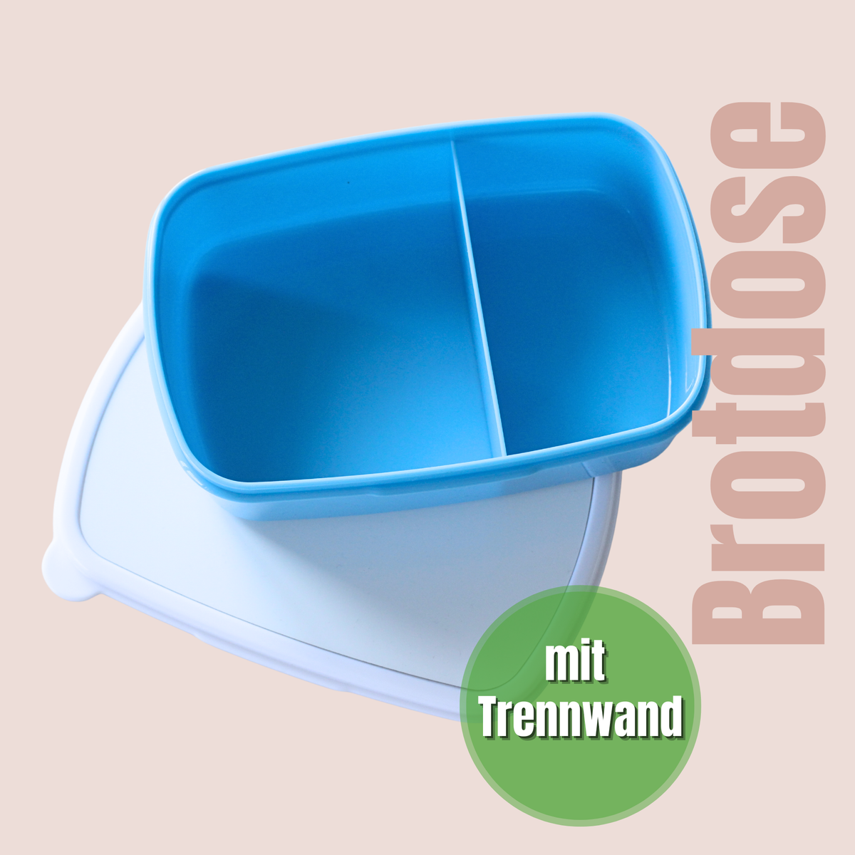 Brotbox in Blau mit Trennwand und weißem Deckel.