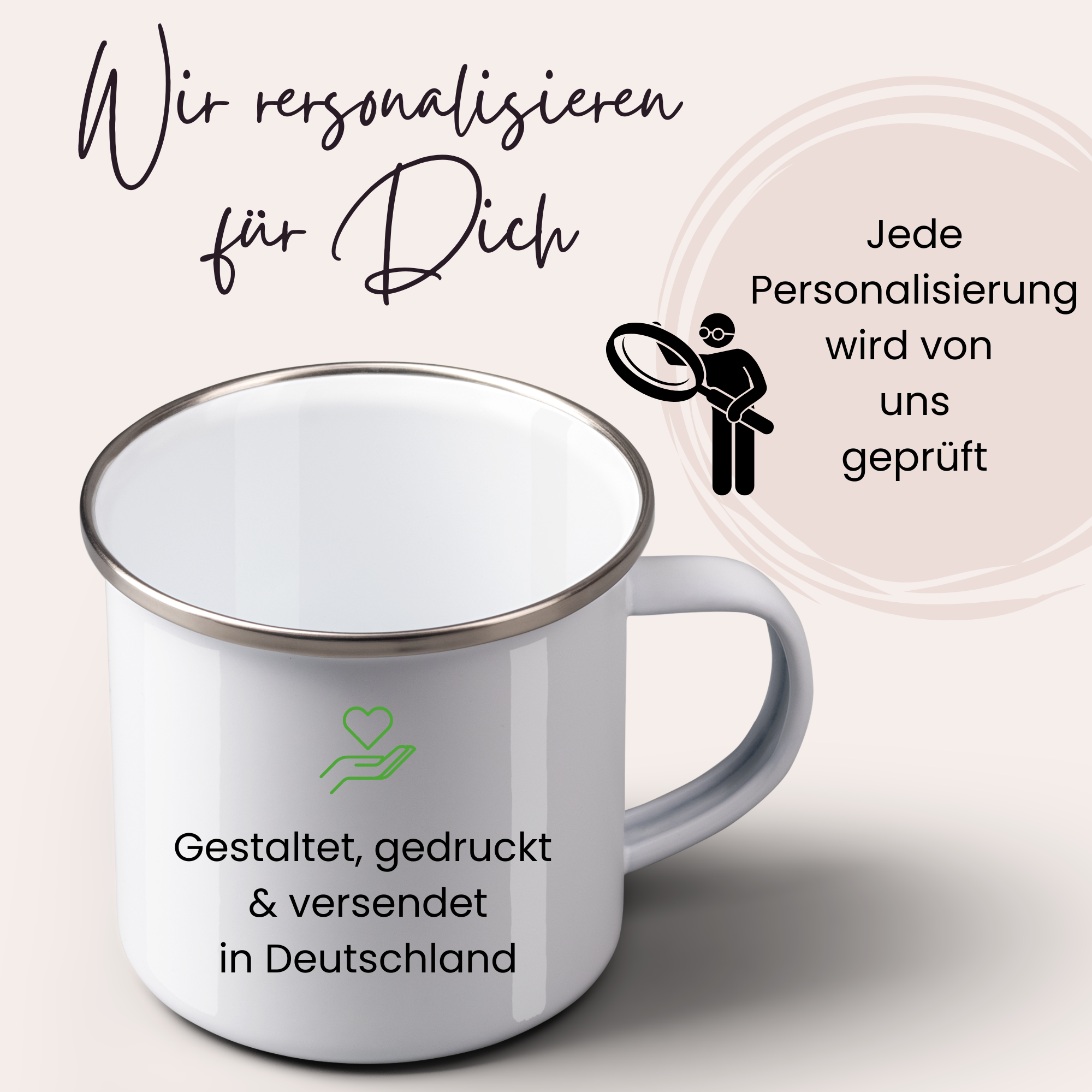 Personalisierte weiße Tasse mit grünem Druck, geprüft in Deutschland.