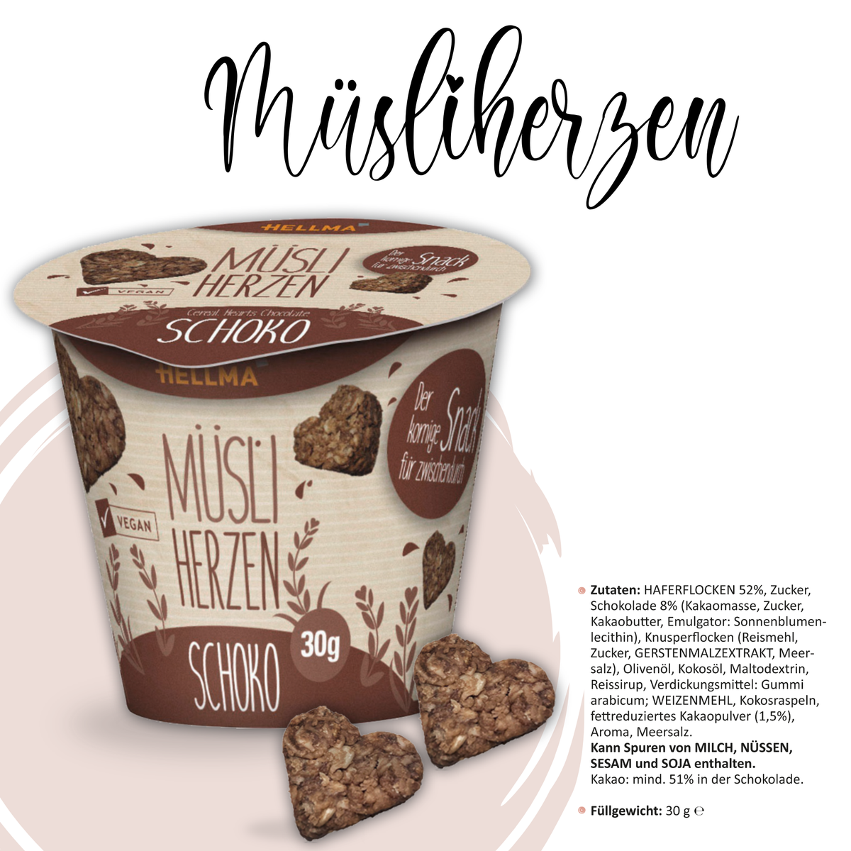 Müsliherzen Schoko, herzförmig, vegan, 30g Becher.