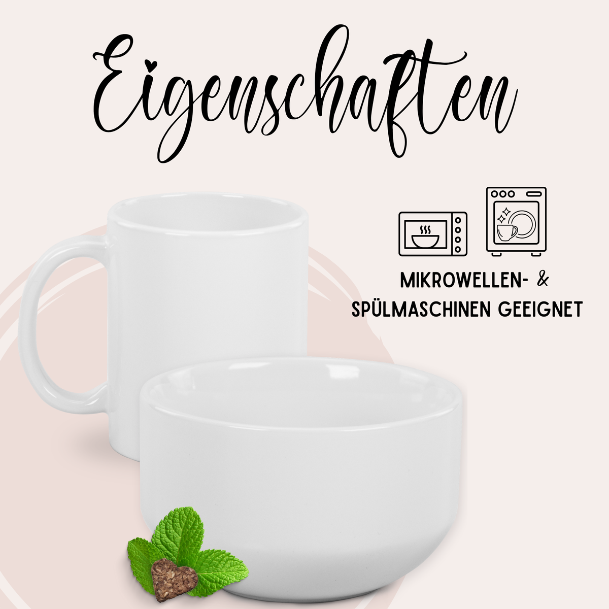 Weiße Tassen und Schalen, mikrowellen- und spülmaschinengeeignet.