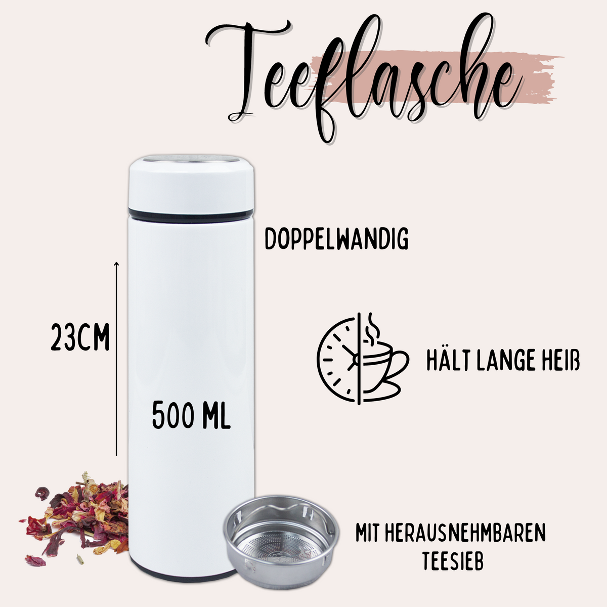 Weiße Teeflasche, 500 ml, doppelwandig, mit Teesieb.