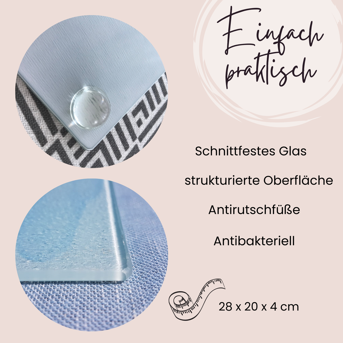 Schnittfestes Glas, strukturiert, antibakteriell, 28 x 20 x 4 cm.