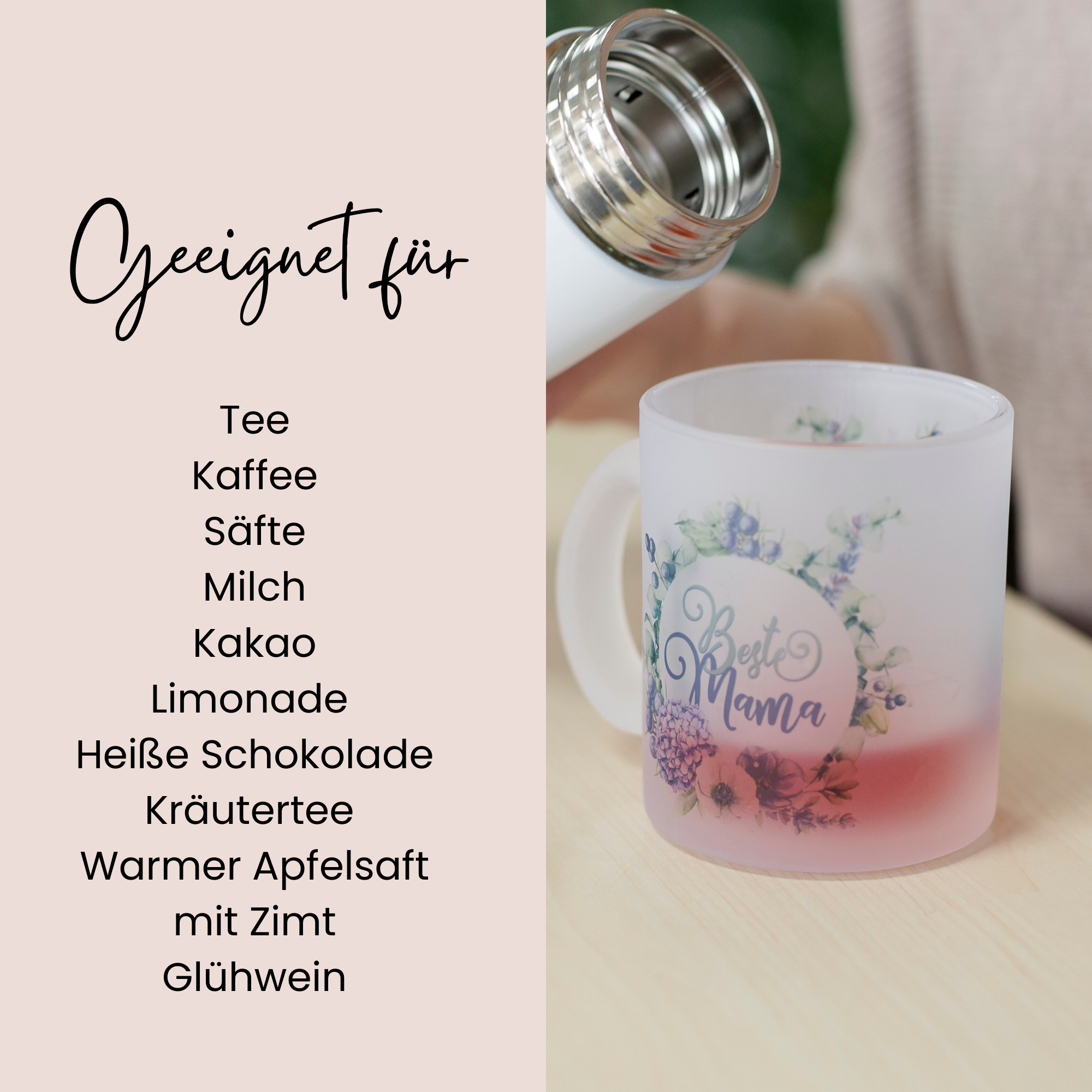 Becher mit floralem Design, geeignet für verschiedene Getränke.
