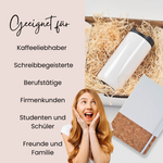 Kaffeebecher in Weiß mit schwarzem Deckel, ideal für Geschenke.