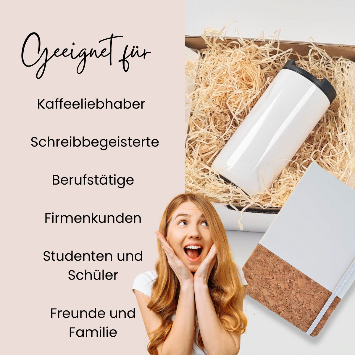 Kaffeebecher in Weiß mit schwarzem Deckel, ideal für Geschenke.