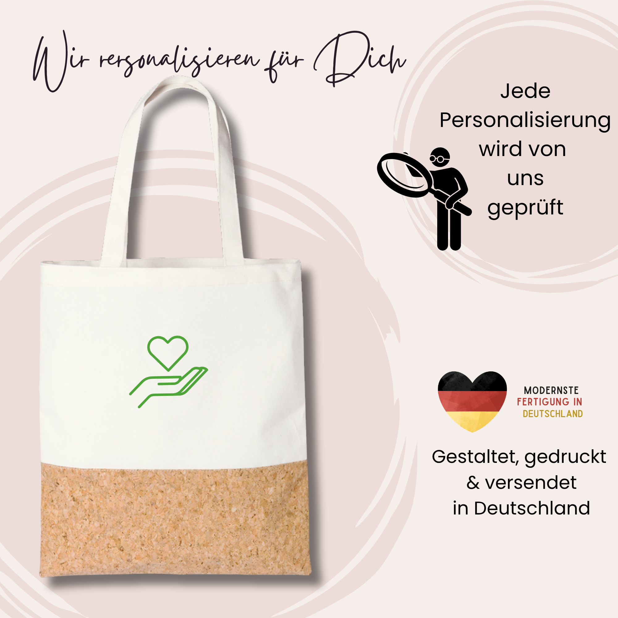 Beige Baumwolltasche mit Korkboden und grünem Herz-Logo.