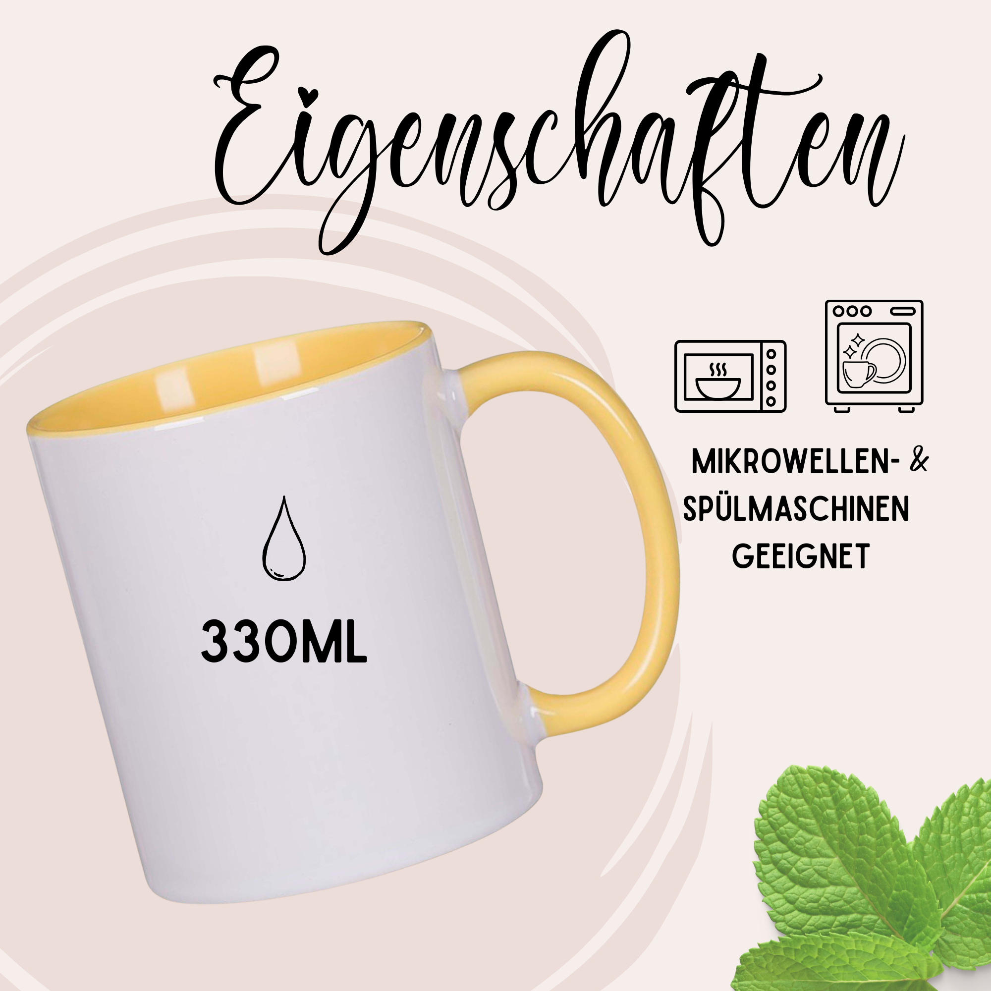 Tasse mit gelbem Innenrand, 330ml, spülmaschinen- und mikrowellengeeignet.