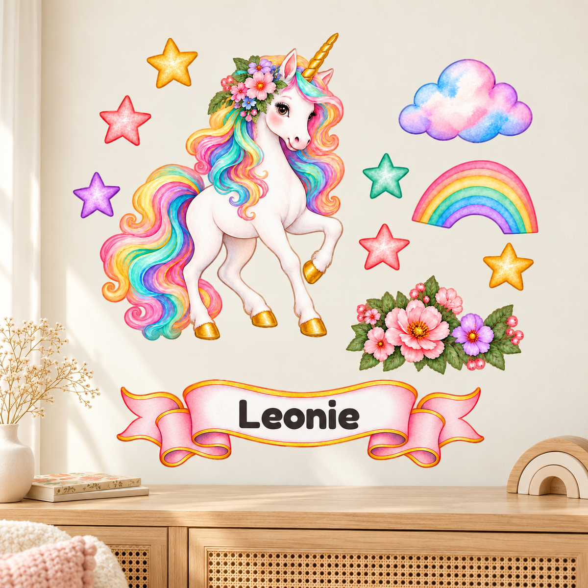 Aquarell-Einhorn-Wandtattoo-Set mit Regenbogen, Wolke, Blumen, sechs Sternen und Namensbanner über einer hellen Kinderzimmerkommode.