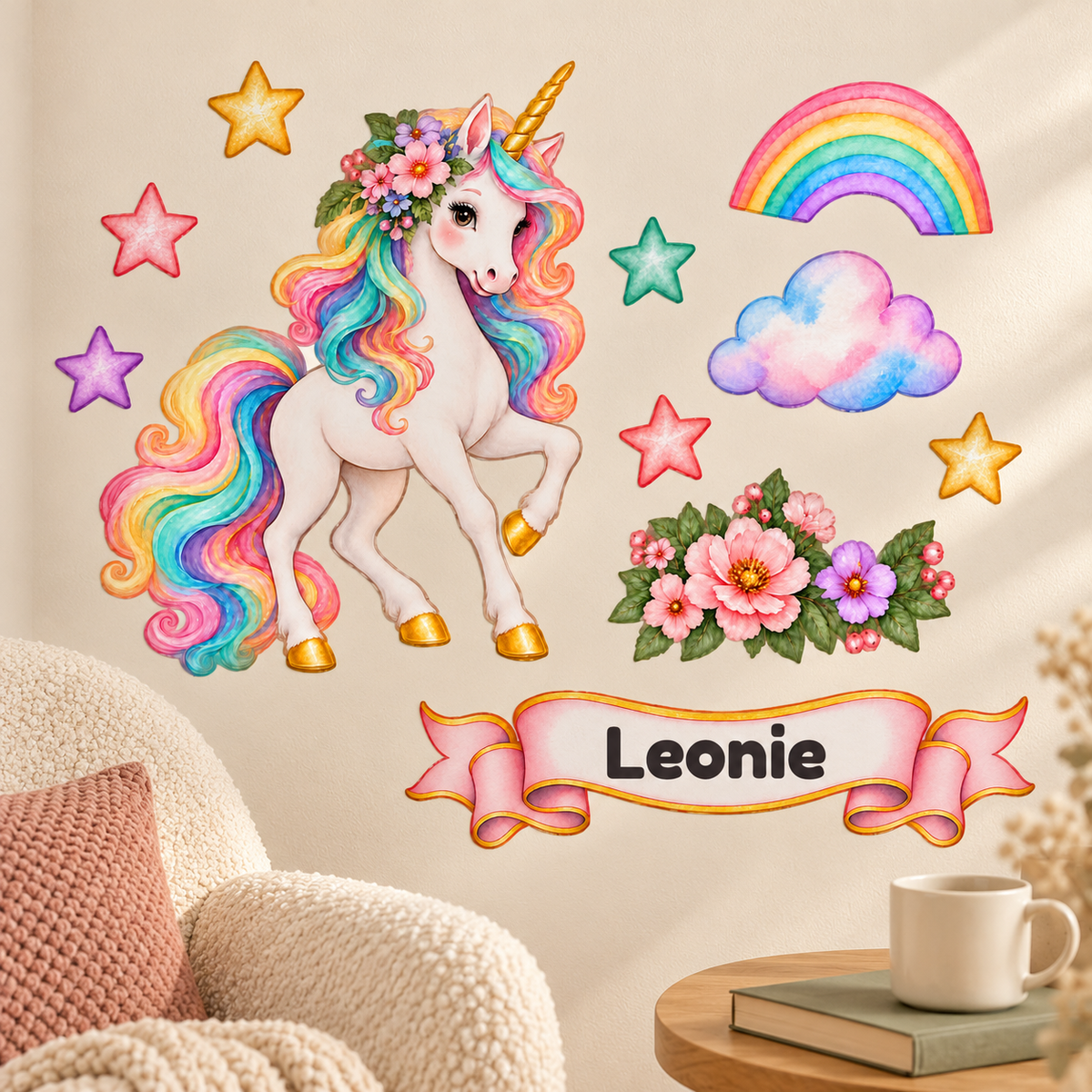 Pastellfarbenes Einhorn-Wandtattoo-Set mit elf einzeln angeordneten Motiven und Wunschname an der Wand einer gemütlichen Leseecke.