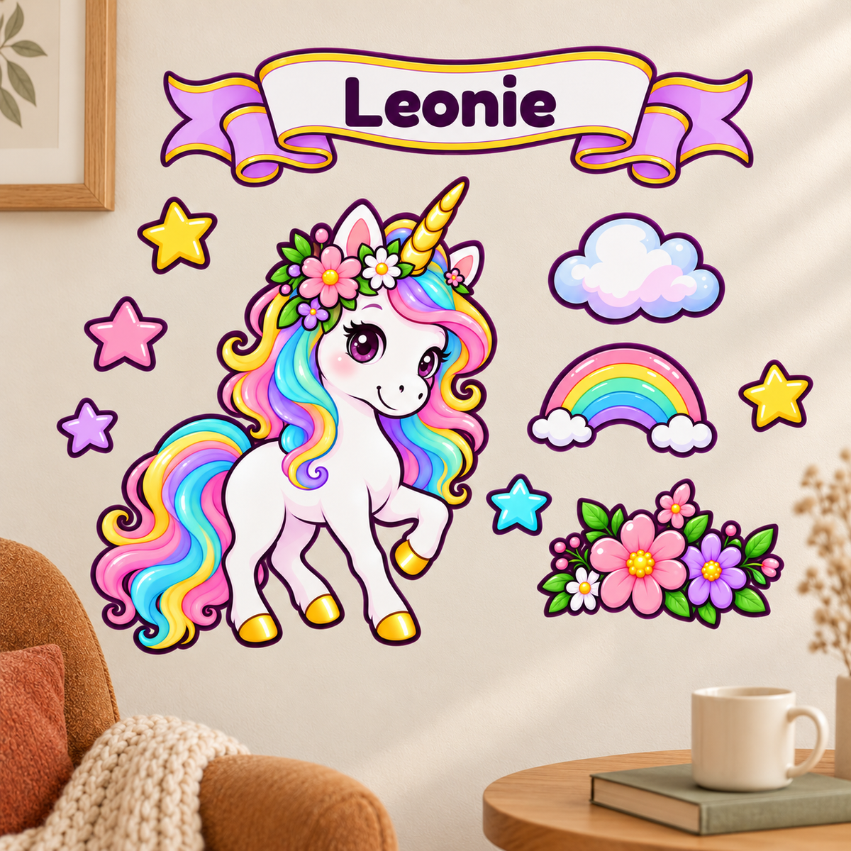 Zehnteiliges Kawaii-Wandtattoo-Set in einer gemütlichen Leseecke. Das Namensbanner hängt über dem Einhorn; alle Motive sind getrennt angeordnet.