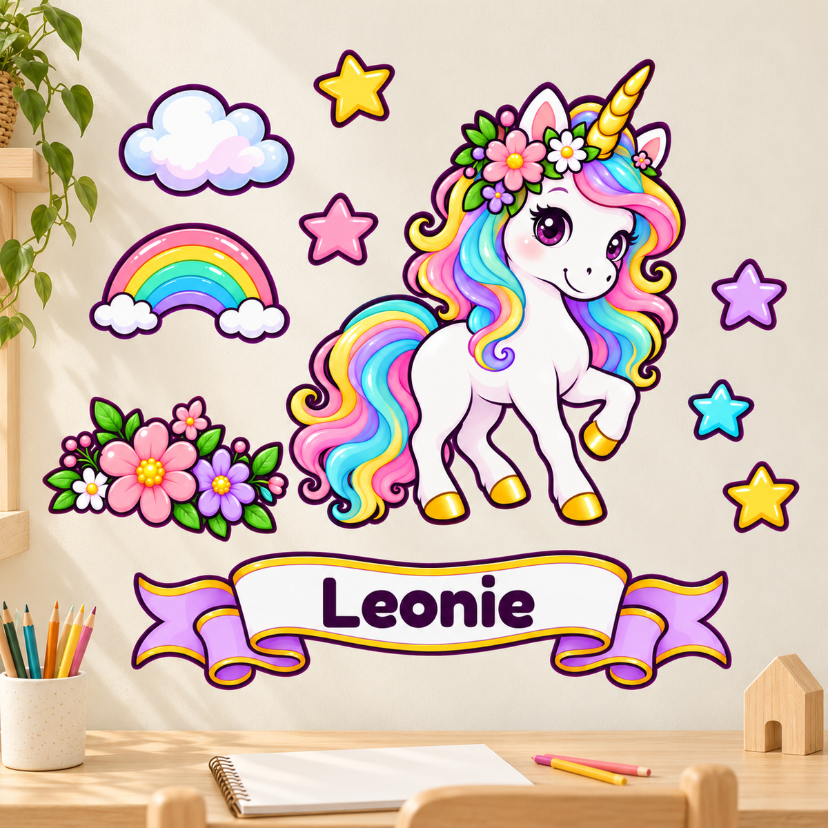 Buntes Einhorn-Wandtattoo mit Namensbanner über einem Kindertisch. Wolke, Regenbogen, Blumen und fünf Sterne sind frei auf der cremefarbenen Wand verteilt.