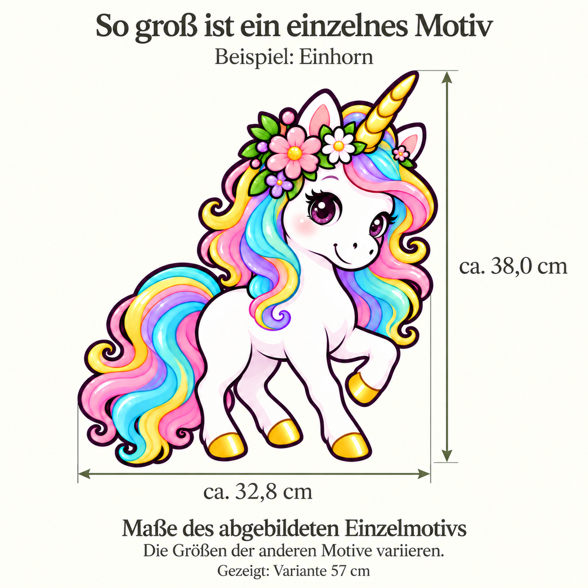Maßgrafik des einzelnen Kawaii-Einhorns der 57-Zentimeter-Variante: einschließlich Horn und Schwanz ungefähr 32,8 Zentimeter breit und 38,0 Zentimeter hoch.