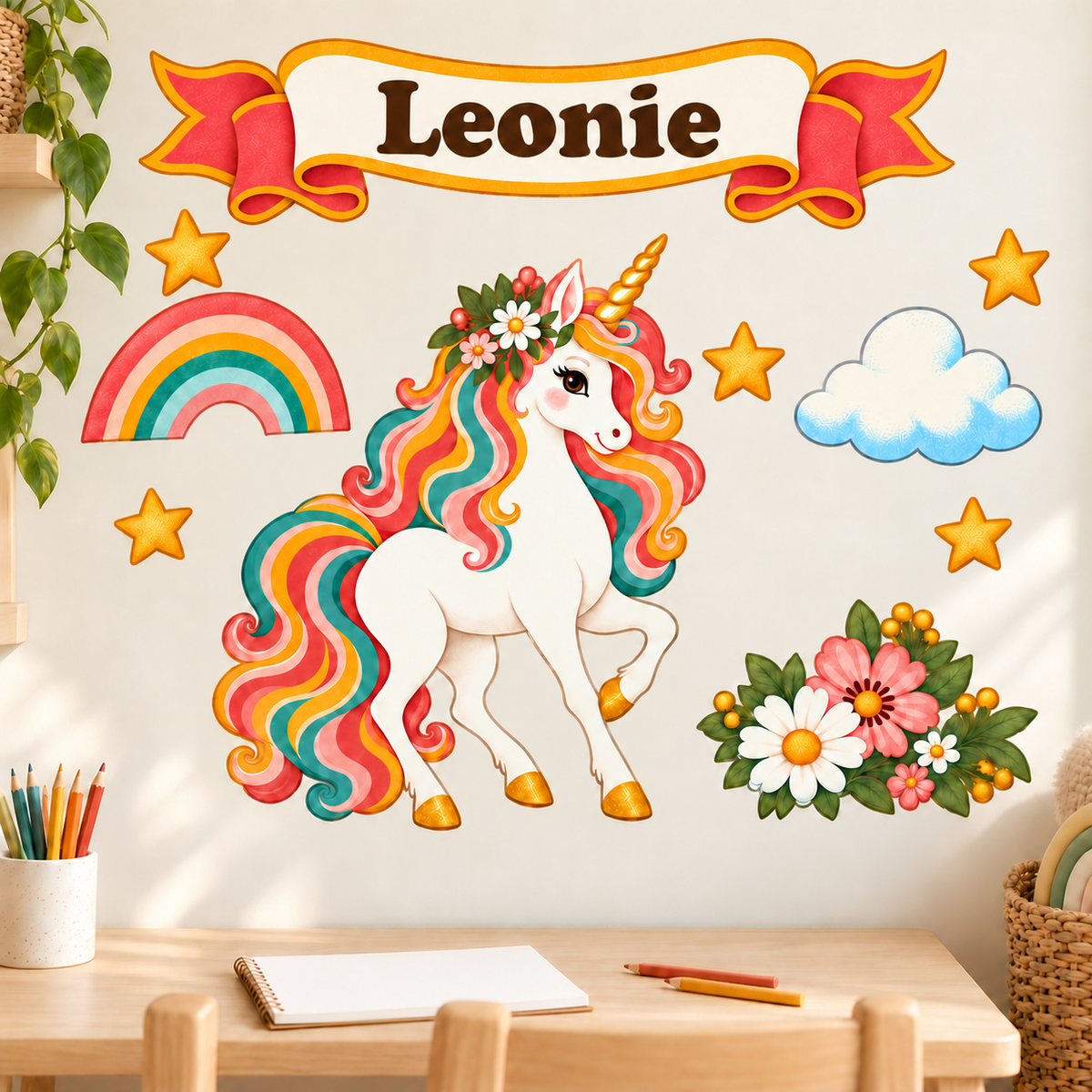 Retro-Einhorn-Wandtattoo mit getrennten bunten Motiven über einem Kindertisch mit Stiften und aufgeschlagenem Heft.