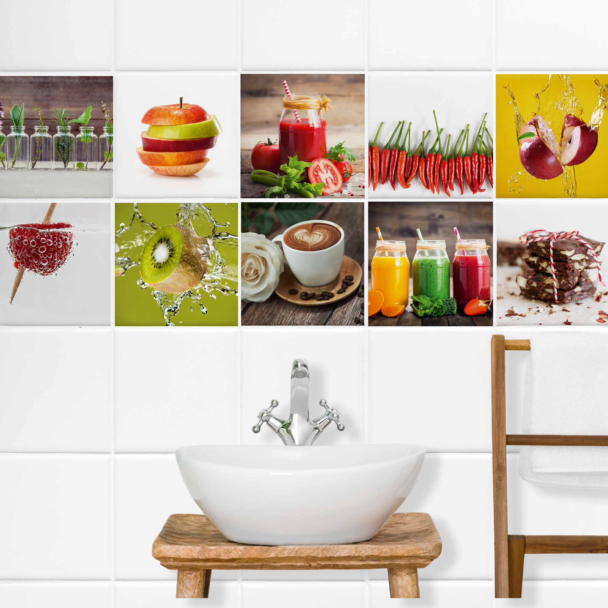 Weiße Waschschüssel auf Holz, bunte Frucht- und Getränkefotos.